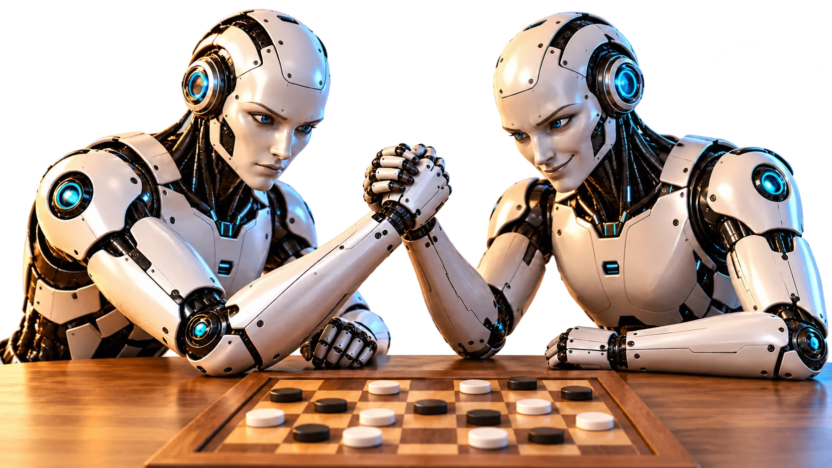 Two AI robots arm-wrestling over a game board