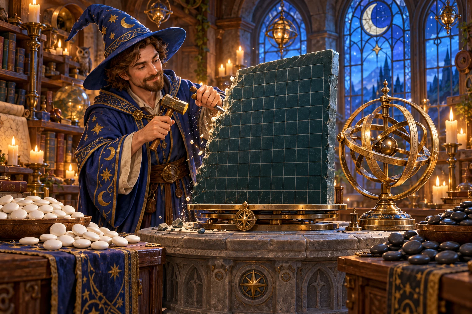 A wizard shapes a game board with a hammer and chisel in his workshop, beside a gravity gyroscope and piles of playing pieces